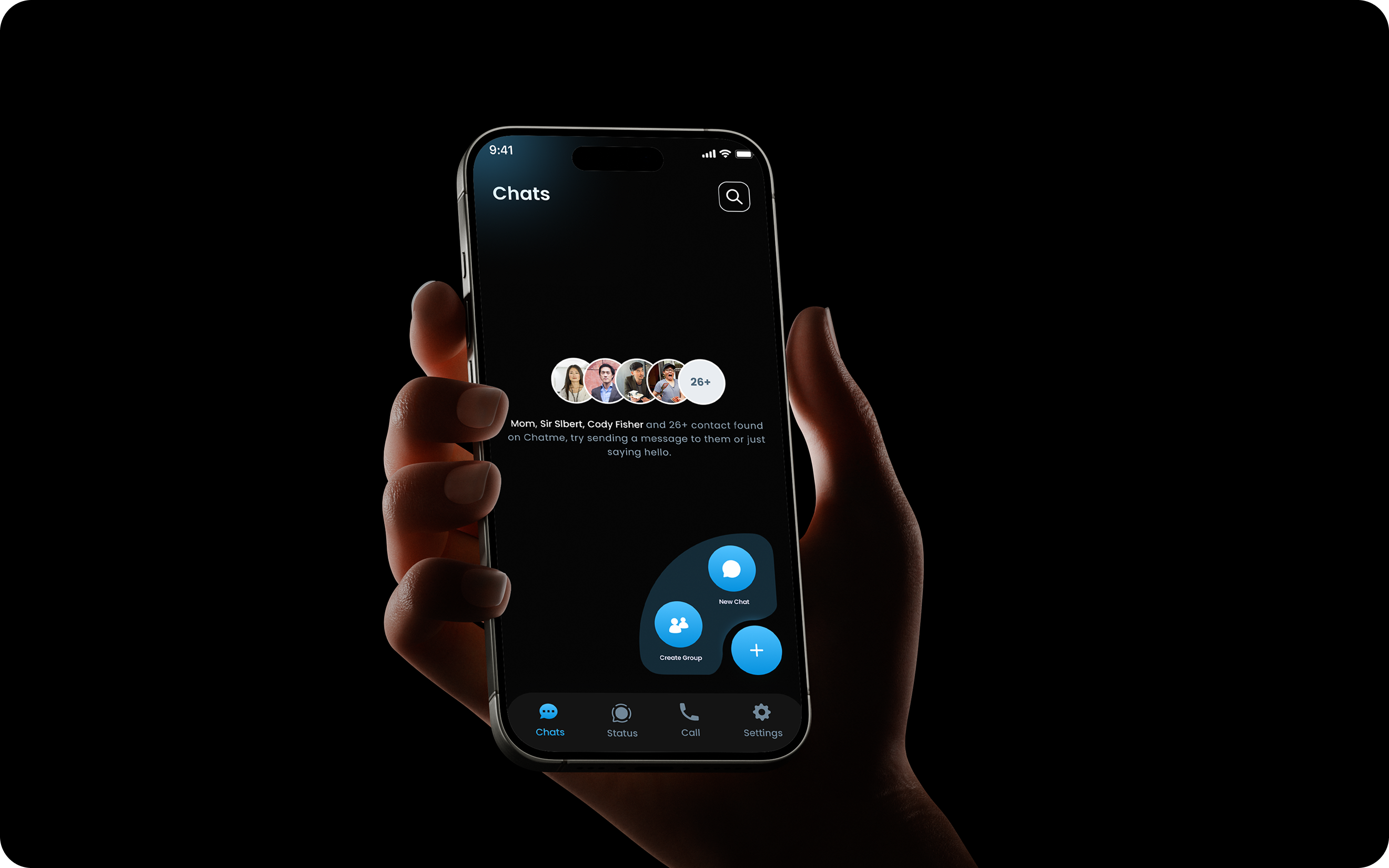 Hand holding phone showing GG Messenger chats